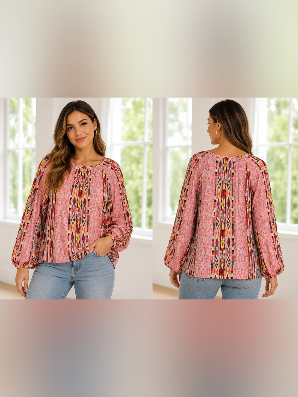Nostalgia Boho Peasant Blouse Pink Multicolor Geometric Print Balloon Sleeve-Med